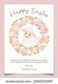 Easter greeting card with adorable lamb inside floral wreath decorated with pink flowers, camomiles, green leaves, Easter eggs. Spring holiday postcard with hand drawn sheep. Flat vector illustration.