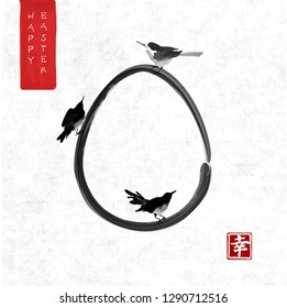 Easter greeting card in asian style. Little birds and easter egg on white background. Traditional Japanese ink wash painting sumi-e. Hieroglyph - happiness.