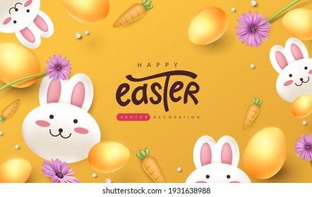 Easter greeting card background with cute rabbit and colored easter eggs. 