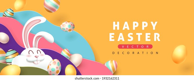 Easter greeting card background with cute rabbit and colored easter eggs. 