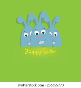 Easter greeting card, background with paper funny rabbits and sign Happy Easter. Minimalistic flat design