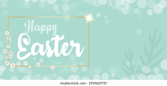 Easter greeting card. Background with spring flowers and tree branches in light pastel turquoise color. Festive design for greeting cards and web banners.