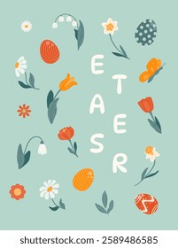 Easter greeting card. Background with spring flowers and Easter eggs. Vector illustration in a flat style.
