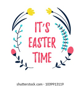 Easter  greeting card or background with a wreath, round border or frame with decorated patterned eggs; hand drawn objects;  in trendy flat style; isolated on white
