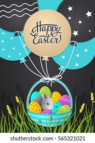 Easter greeting card with balloons, basket with colorful eggs and bunny. Vector illustration
