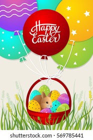 Easter greeting card with balloons, basket with colorful eggs and bunny. Vector illustration