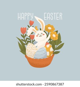 Easter greeting card or banner. Adorable bunny in a basket with flowers and painted eggs. Baby hare. Celebration of the Christian holiday. Warm cozy drawing. Vector illustration.