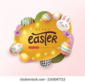 Easter greeting card banner background with cute rabbit and Easter eggs 