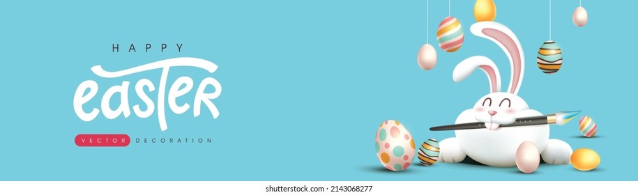 Easter greeting card banner background with cute rabbit and Easter eggs 