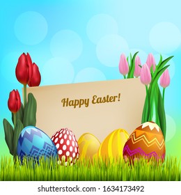 Easter greeting card banner with bright colorful holiday eggs on grass with red and pink tulips. vector