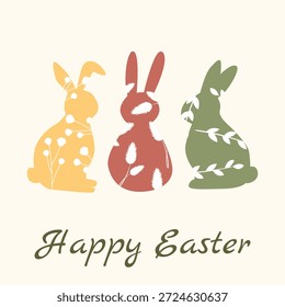 Anuncio de tarjeta de felicitación de Pascua con conejos de Pascua y Elementos florales en estilo escandinavo