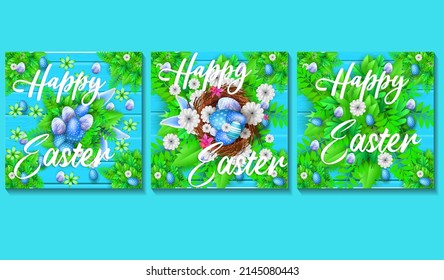 easter greeting card and banner with easter egg and rabbit earn with flower in the nest in blue background premium vector