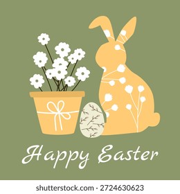 Anuncio de tarjeta de felicitación de Pascua con huevo de Pascua, conejo y Elementos florales en estilo escandinavo