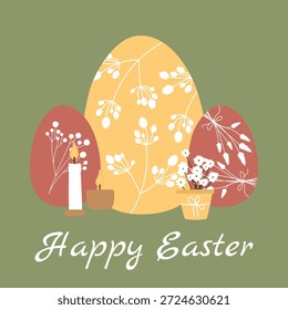 Anuncio de tarjeta de felicitación de Pascua con huevos de Pascua, velas y Elementos florales en estilo escandinavo