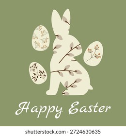Anuncio de tarjeta de felicitación de Pascua con huevos de Pascua, conejito y Elementos florales en estilo escandinavo