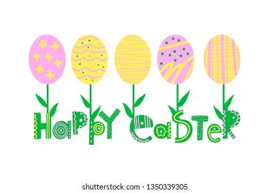 Easter greeting card, banner flat vector template. Happy Easter stylized typography, lettering. Silhouette decorative egg, pysanka with ornament. Spring holiday wishes Scandinavian style illustration