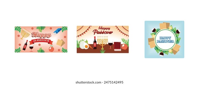 Easter greeting card banner. Happy passover horizontal banner with vegetables, holy book, and drink. Pesach template for design with matzah and spring flowers. Set flat vector illustration