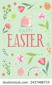 Easter, greeting card, banner, joyful rabbit with a painted egg in its paws flat illustration on a green background with flowers and text. Flat style. Vector illustration.