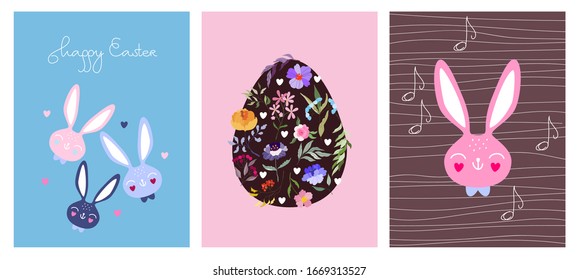 Easter greeting card, banner, leaflet design set. Cute bunny, flowers, hearts, sweet easter egg and hand written text. Music notes, line background. Floral chocolate holiday egg.Trendy illustration.