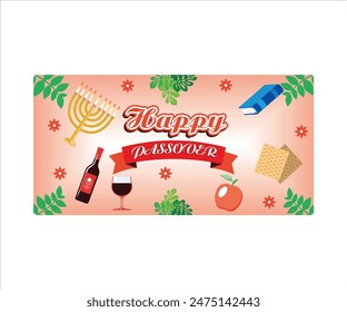 Easter greeting card banner. Pesach poster with matzo, wine bottle, candles, books, spring flowers. Jewish holiday horizontal invitation, flyer, brochure for event. Flat vector modern illustration