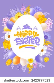 Easter greeting card, banner or poster template. Cute colored eggs and gentle spring flowers isolated on light violet background. Calligraphy hand drawn lettering Happy Easter. Vector illustration