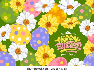 Easter greeting card, banner or poster template, vibrant and joyful design. Cute colored eggs, spring flowers chamomile on green background. Calligraphic lettering Happy Easter. Vector illustration