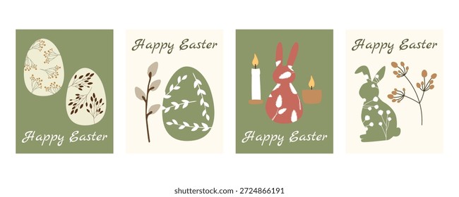 Tarjeta de felicitación de Pascua y Anuncio con conejos, huevos, velas y Elementos florales de primavera