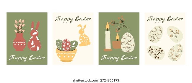 Tarjeta de felicitación de Pascua y Anuncio con conejos, huevos, velas y Elementos florales de primavera