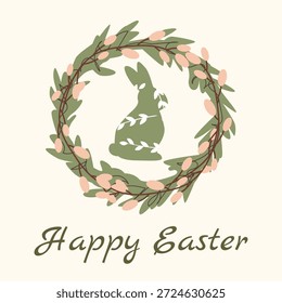 Anuncio de tarjeta de felicitación de Pascua con corona floral de primavera y conejito en estilo escandinavo