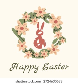 Anuncio de tarjeta de felicitación de Pascua con corona floral de primavera y conejito en estilo escandinavo