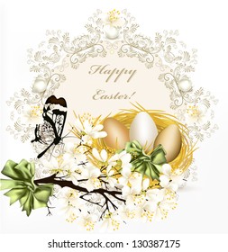 Easter  greeting card with banner and symbols of Easter for your  design