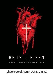 Easter greeting card or banner with the words He is risen, Christ died for our sins. Vector illustration of hand-drawn bloody human heart with religious cross, red stains and drips on black background