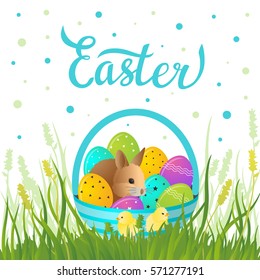 Easter greeting card. Basket with colorful eggs and bunny, chickens. Vector illustration