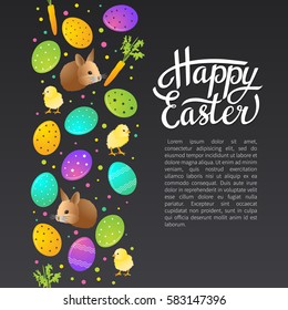 Easter greeting card. Basket with colorful eggs and bunny. Vector illustration