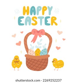 Easter greeting card with basket of eggs and cute chickens, vector flat hand drawn illustration.