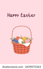 Easter greeting card with basket with Easter eggs. Vector flat illustration.