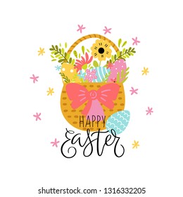 Easter greeting card with basket with flowers and eggs and hand written text - Happy Easter. Vector background.