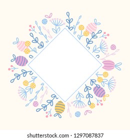 Easter greeting card with berries, eggs, branches, leaves and rhombus label on beige background. Perfect for spring invitation 