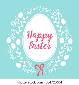 Easter greeting card with big egg and floral wreath. Bows, branches, pussy willow, leaves. Perfect for spring holidays. Vector illustration