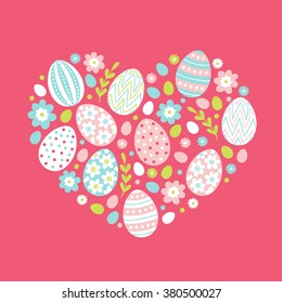 Easter greeting card with big heart. Set of eggs, flowers and branches. Perfect for season greetings and spring holidays. Vector illustration