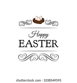 Easter greeting card, bird nest and white eggs. Vector illustration isolated on white background. Vintage sryle.