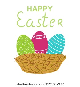 Easter greeting card, bird nest and color eggs, flat vector illustration