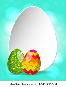 Easter greeting card. Blank egg symbol with two ornate colorful eggs over turquoise green blur background. Vector spring illustration.