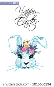 Easter greeting card with blue bunny prince and text: happy Easter. Hand drawn illustration with paschal lettering. Spring poster for pre-Easter and post-Easter congratulations.