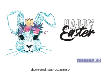 Easter greeting card with blue bunny prince and text: happy Easter. Hand drawn illustration with paschal lettering. Spring poster for pre-Easter and post-Easter congratulations.