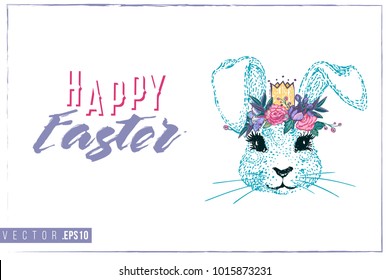 Easter greeting card with blue bunny prince and text: happy Easter. Hand drawn illustration with paschal lettering. Spring poster for pre-Easter and post-Easter congratulations.