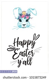 Easter greeting card with blue bunny prince and text: happy Easter. Hand drawn illustration with paschal lettering. Spring poster for pre-Easter and post-Easter congratulations.