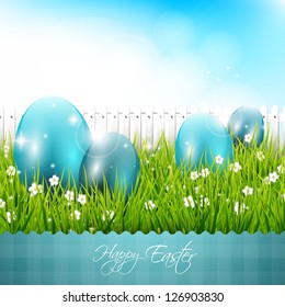 Easter greeting card with blue eggs and fence