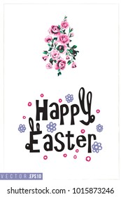 Easter greeting card with bouquet of roses and text: happy Easter. Hand drawn illustration with paschal lettering. Spring poster for pre-Easter and post-Easter congratulations.