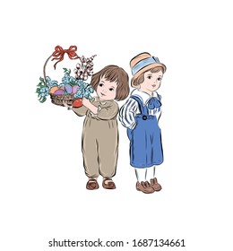  Frohe Ostern! Der kleine Junge hält einen Korb mit Eiern, Blumen, Weiden. Zwei Jungen in klassischer Kleidung. Herzlichen Glückwunsch zu den religiösen Frühlingsferien. 